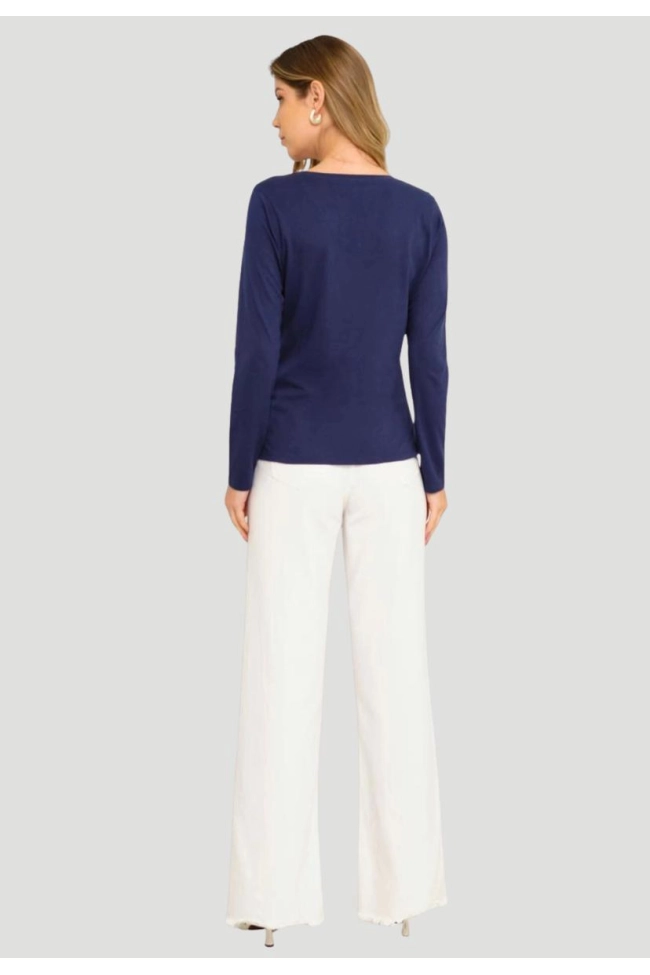 Produto Blusa Aishty Básica Manga Longa Gola V Feminina Azul Escuro