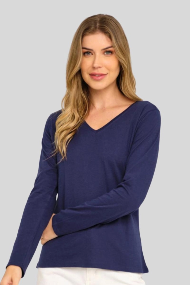 Produto Blusa Aishty Básica Manga Longa Gola V Feminina Azul Escuro