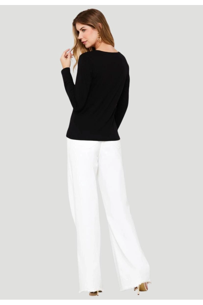 Produto Blusa Aishty Básica Manga Longa Gola V Feminina Preto