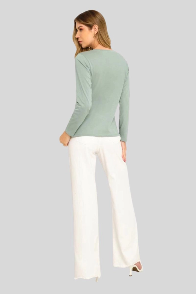 Produto Blusa Aishty Básica Manga Longa Gola V Feminina Verde Claro