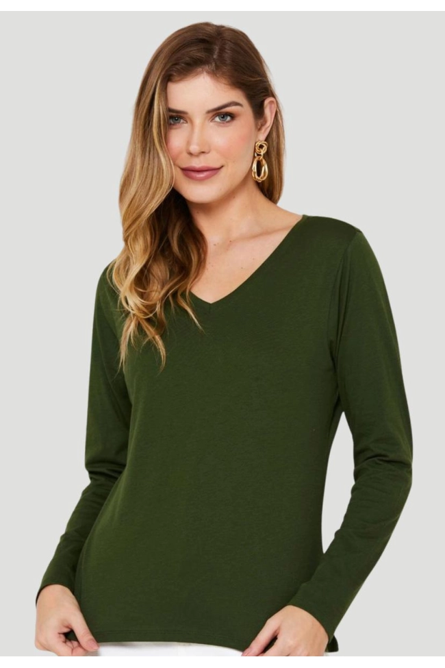 Produto Blusa Aishty Básica Manga Longa Gola V Feminina Verde Escuro