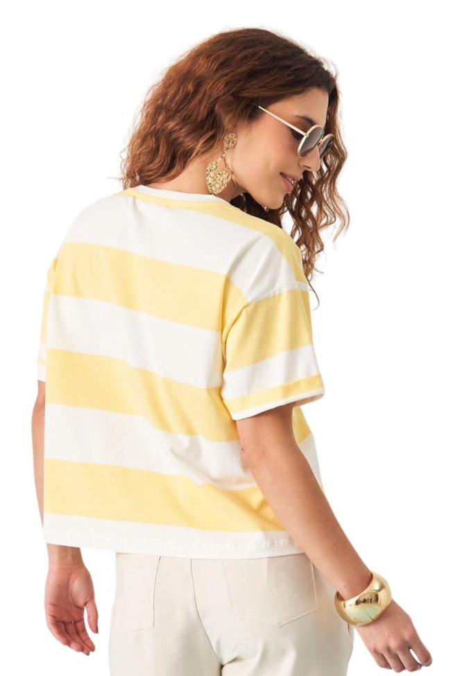 Produto Blusa Coqueta Manga Curta Ampla Listrada Feminino Amarelo 