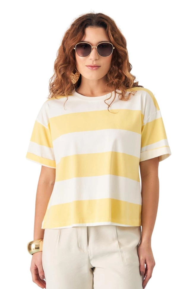 Produto Blusa Coqueta Manga Curta Ampla Listrada Feminino Amarelo 