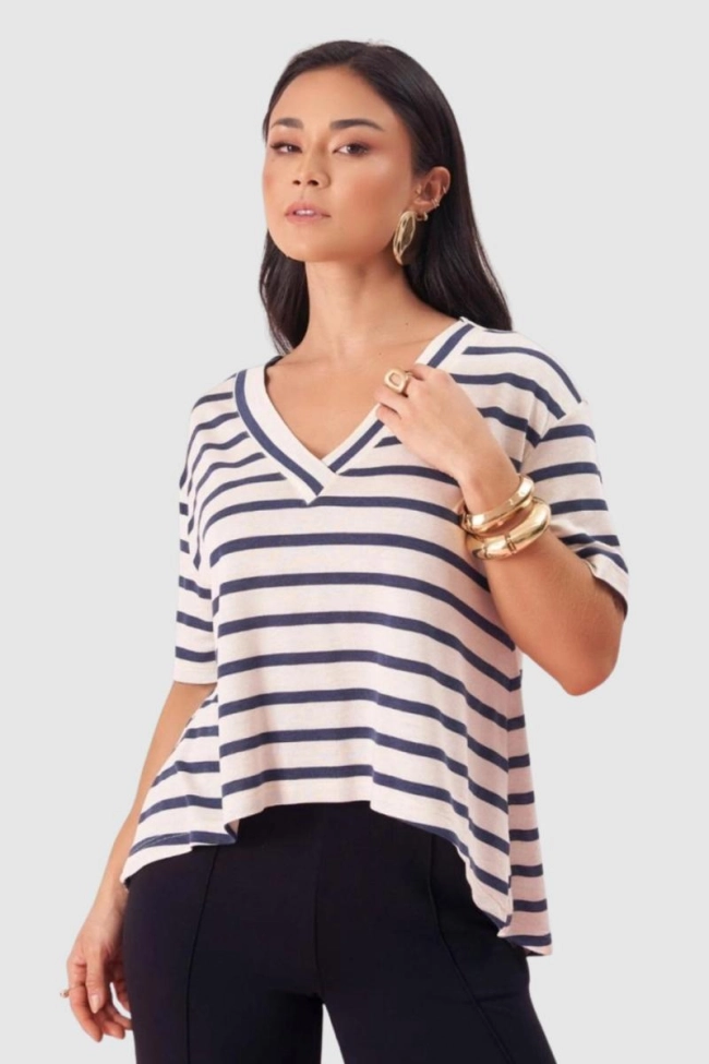 Produto Blusa Coqueta Manga Curta Listrada Gola V Feminino Marinho 