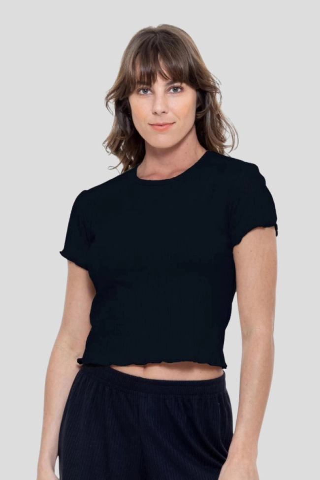 Produto Blusa Dezali Cropped Canelado Manga Curta Feminina Preto