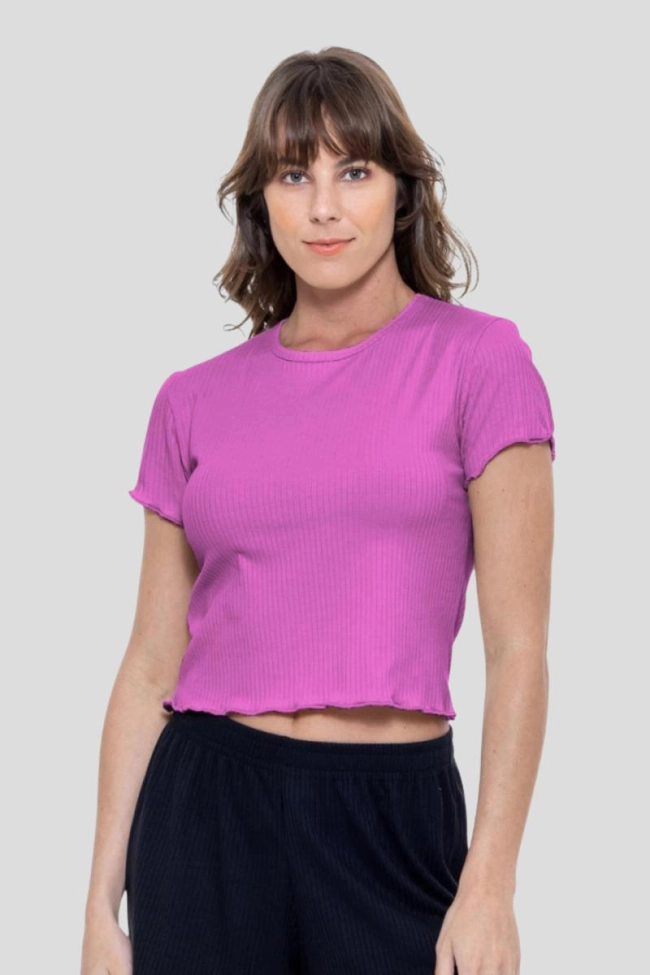 Produto Blusa Dezali Cropped Canelado Manga Curta Feminina Rosa