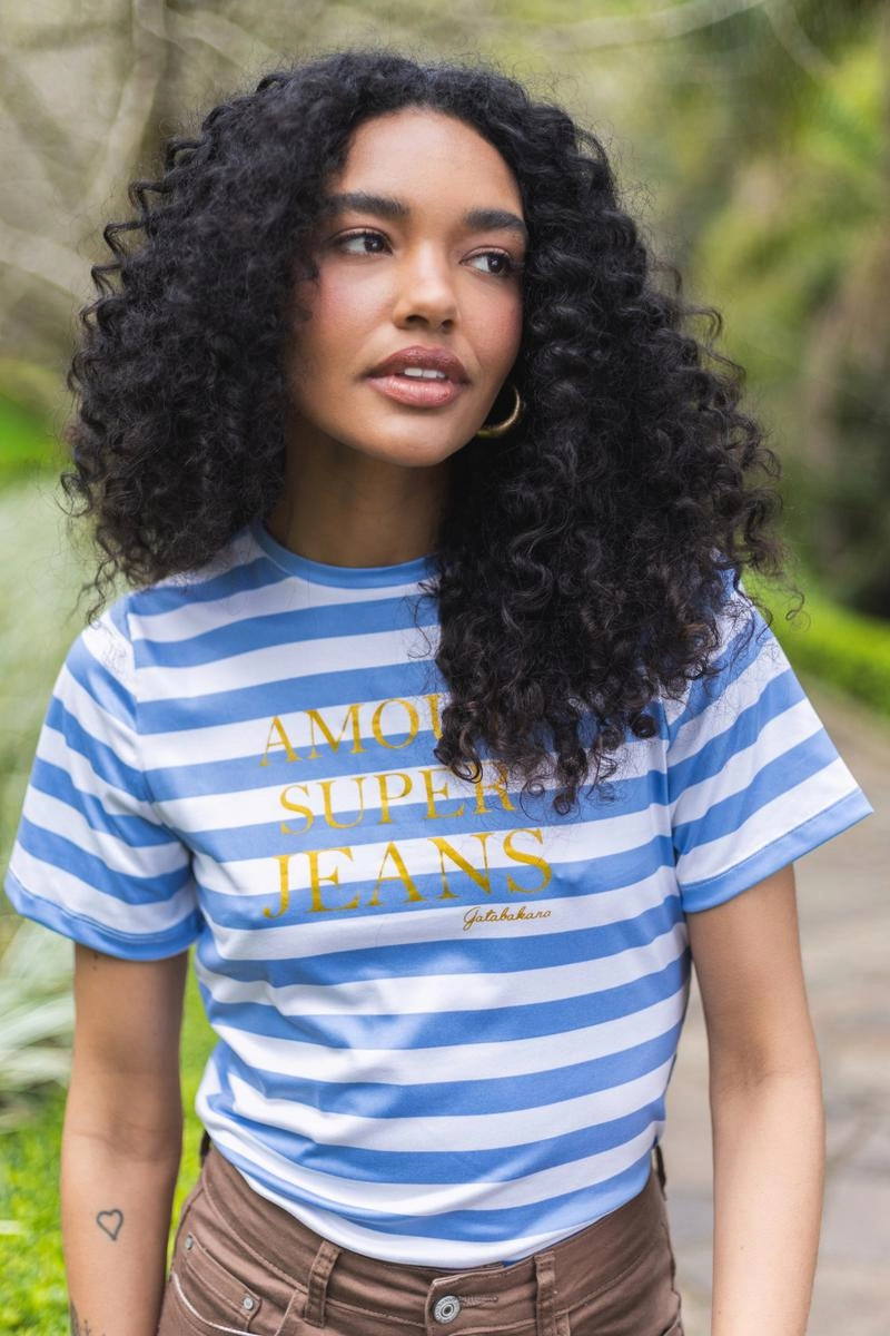 Blusa Gata Bakana Manga Curta Listrada Feminina Azul Produto Blusa Gata Bakana Manga Curta Listrada Feminina Azul