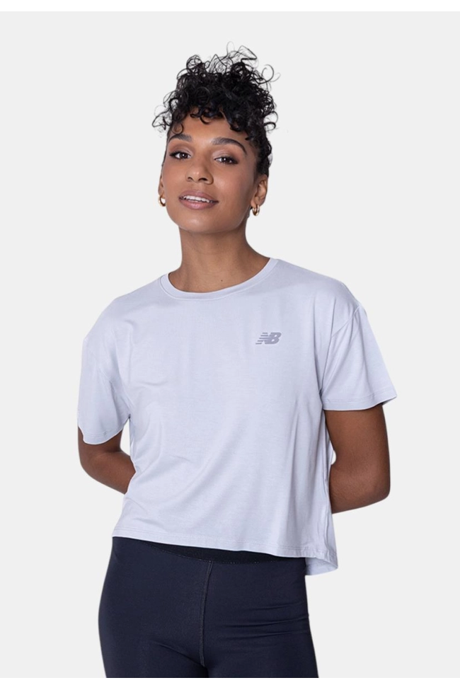 Produto Blusa New Balance Manga Curta Cropped Feminina Cinza