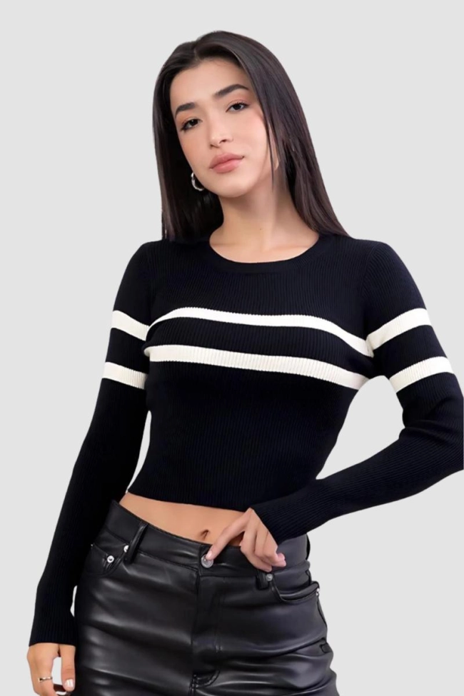 Produto Blusa Sea Brazil Cropped Listrada Feminina Preta