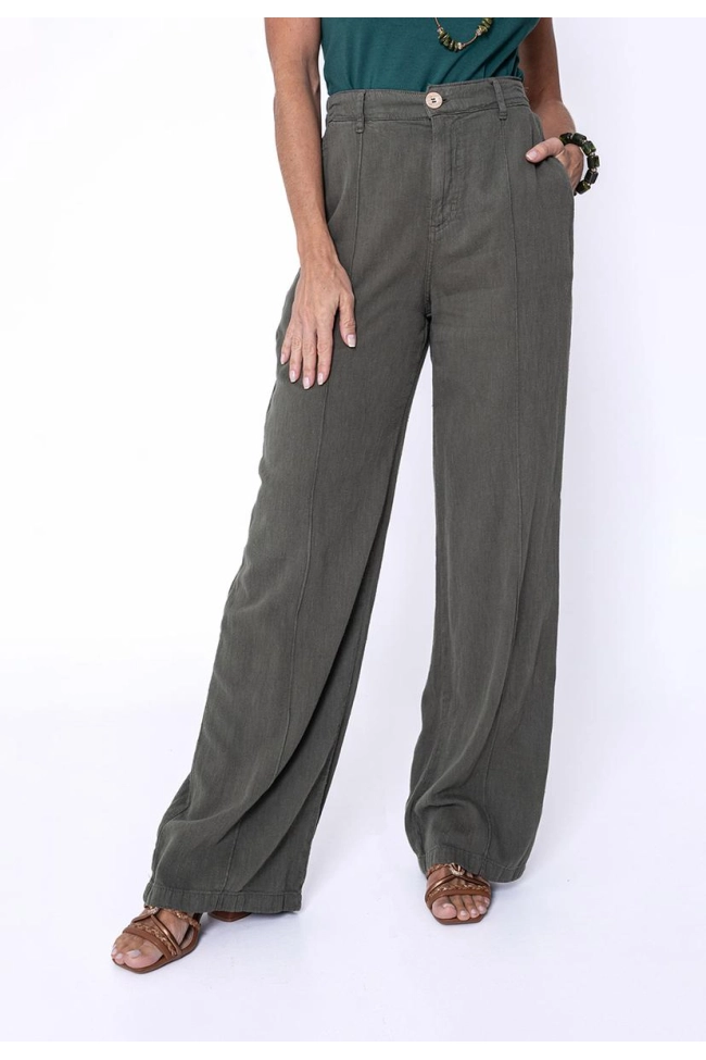 Produto Calça Geração Moderna Wide Leg Linho Feminina Verde Militar 