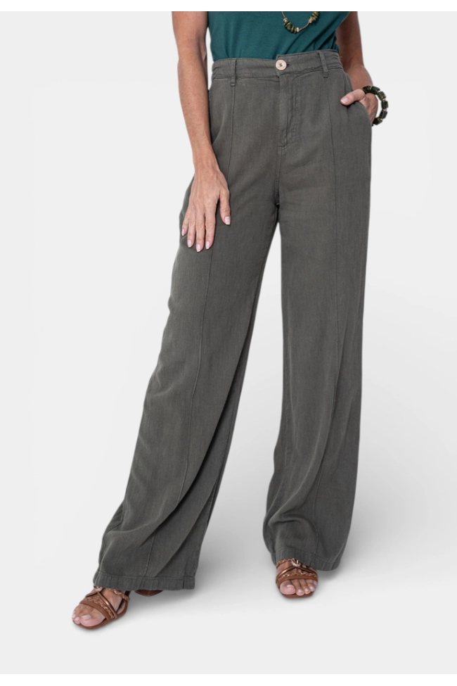 Produto Calça Geração Moderna Wide Leg Linho Feminina Verde Militar 