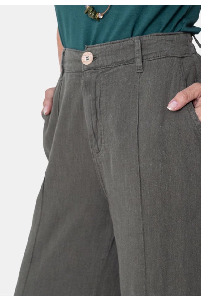 Produto Calça Geração Moderna Wide Leg Linho Feminina Verde Militar 