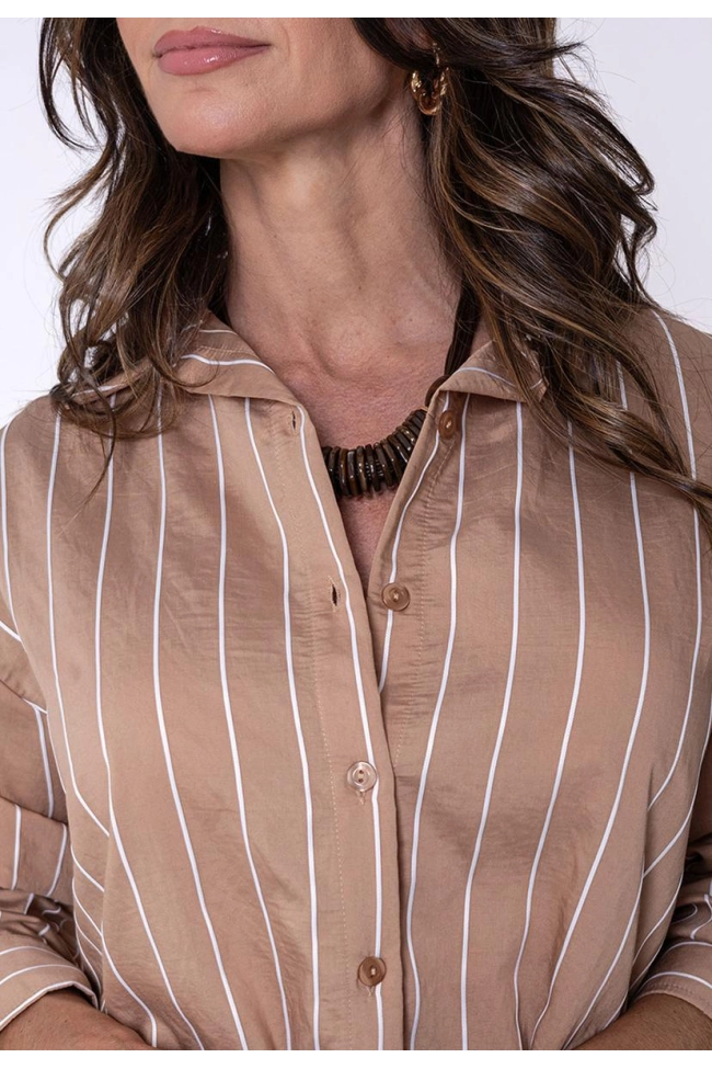 Produto Camisa Coqueta Manga Longa Listrada Feminina Mocha
