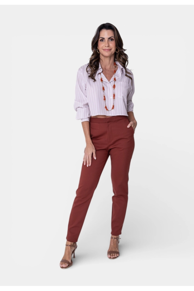 Produto Camisa Ellen One Cropped Listrada Manga Longa Feminina Bege