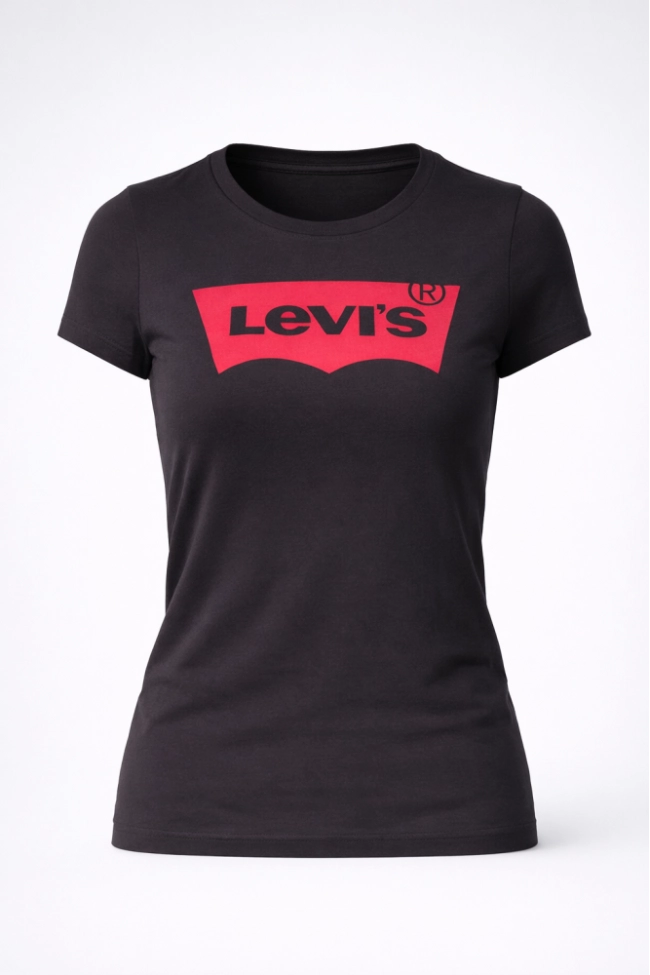 Produto Blusa Levis Manga Curta Perfect Tee Feminina Preta Logo Vermelho
