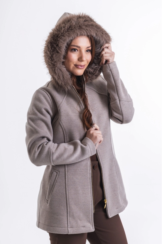 Produto Casaco Julias Closet Capuz Pele Feminino Bege Mescla