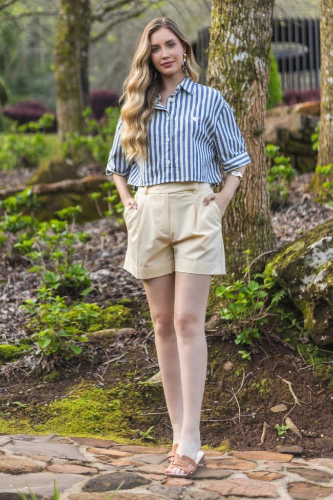 Camisa Max Denim Cropped Manga Curta Feminina Produto Camisa Max Denim Cropped Manga Curta Feminina
