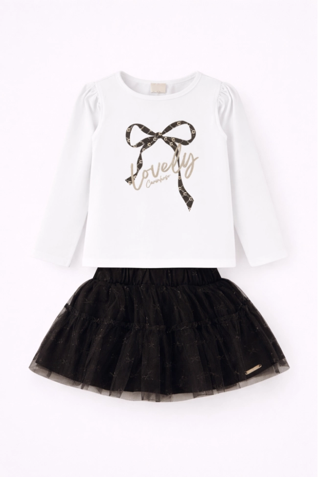 Produto Conjunto Malwee Manga Longa Saia Tutu Bebê Feminino Preto e Branco