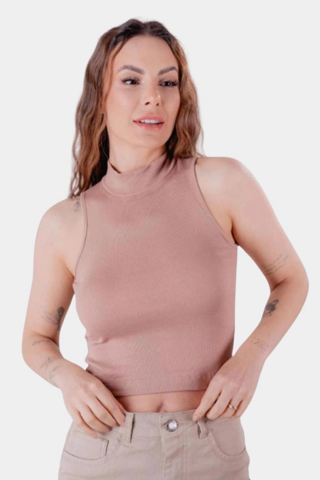 Produto Cropped Crocker Canelado Feminino Kaqui