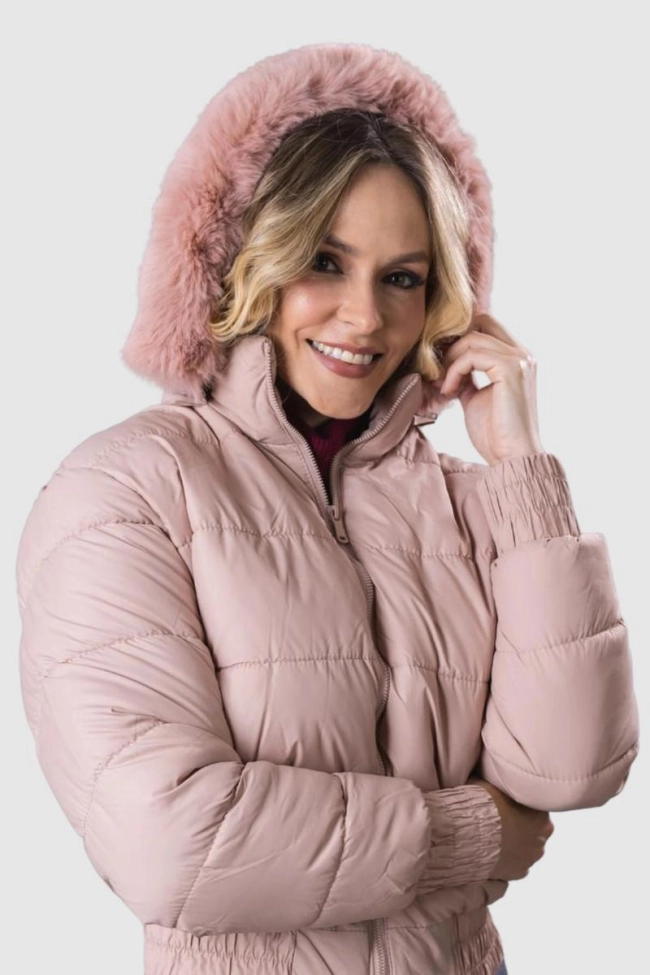 Produto Jaqueta Crocker Nylon Puffer Capuz Pelinhos Feminina Nude