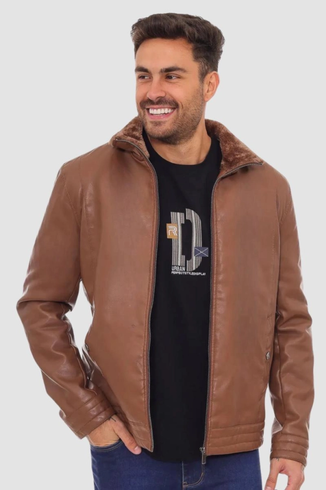 Produto Jaqueta Crocker Pu Gola Pelo Zíper Masculina Caramelo