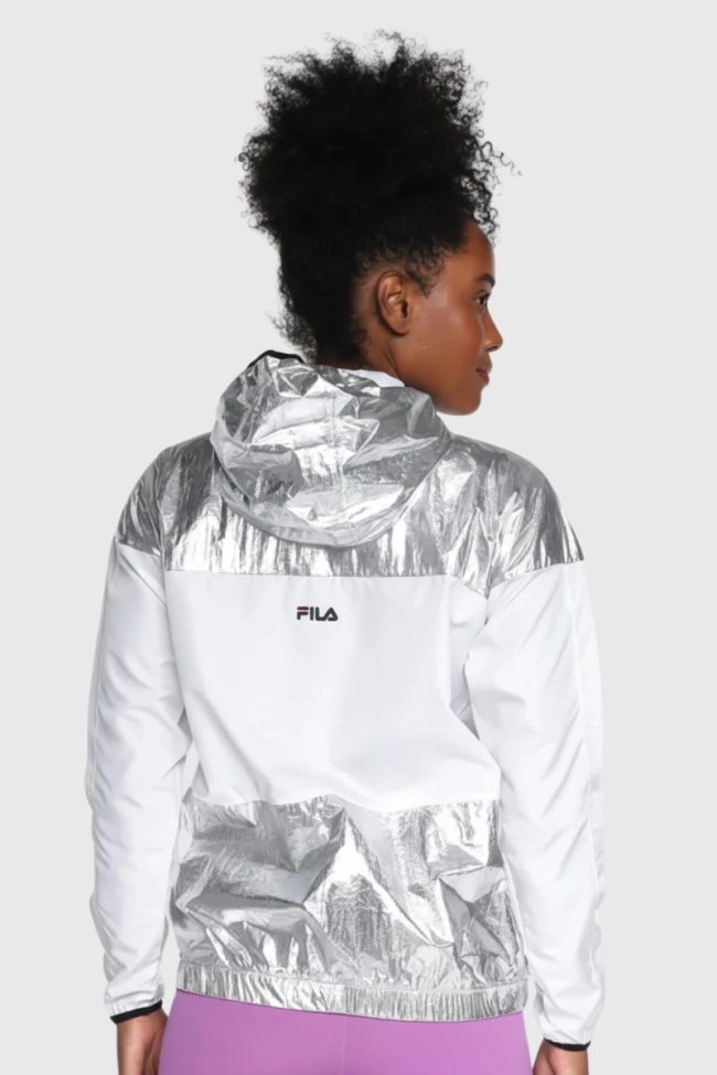 Jaqueta Fila Metalizada Corta Vento Feminina Prata e Branca Produto Jaqueta Fila Metalizada Corta Vento Feminina Prata e Branca