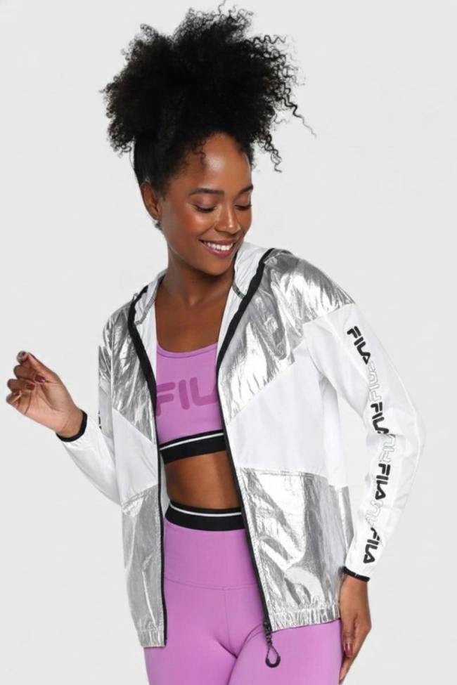 Jaqueta Fila Metalizada Corta Vento Feminina Prata e Branca Produto Jaqueta Fila Metalizada Corta Vento Feminina Prata e Branca