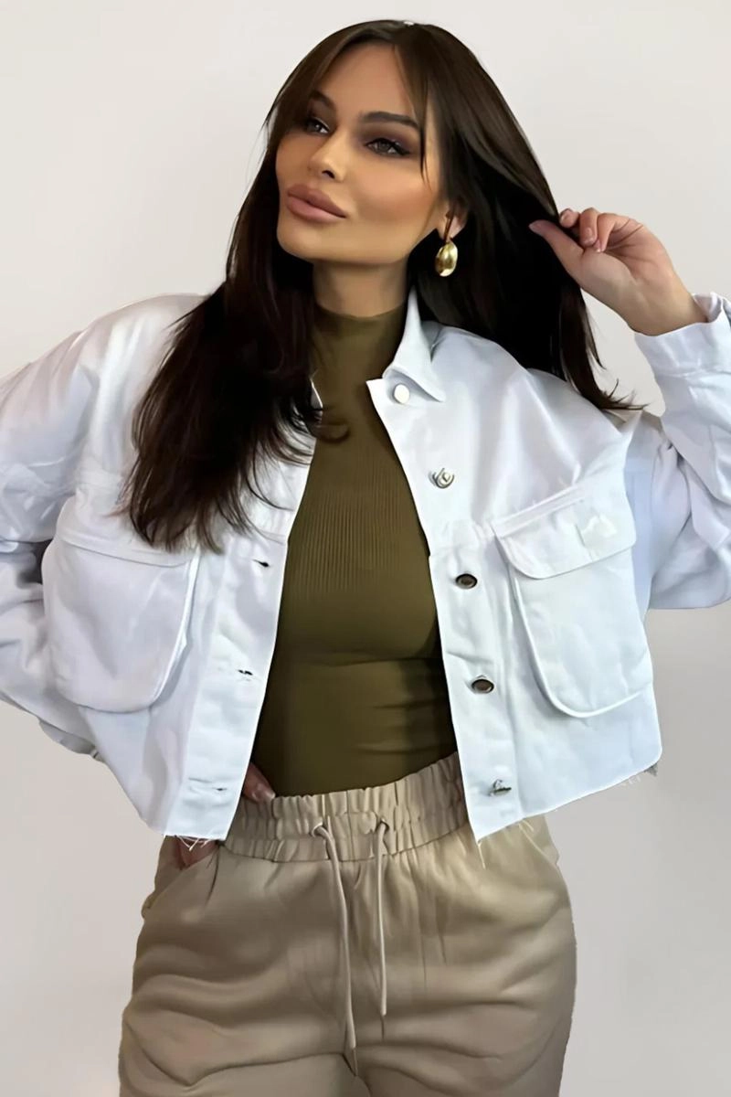 Jaqueta Max Denim Sarja Cropped Feminina Branca Produto Jaqueta Max Denim Sarja Cropped Feminina Branca