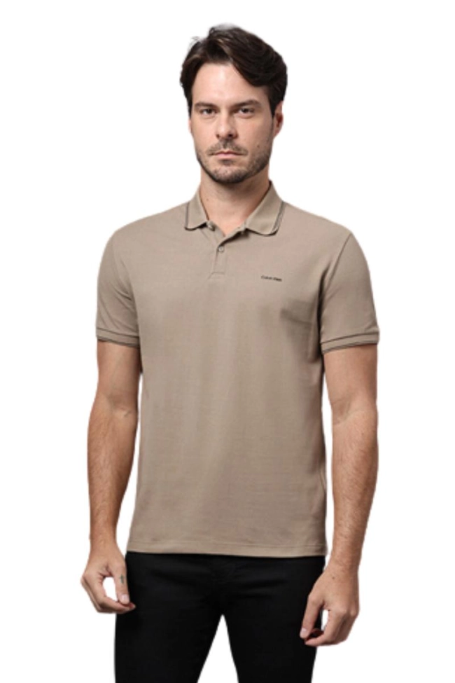 Produto Polo Calvin Klein Manga Curta Regular Masculino Caqui Médio 