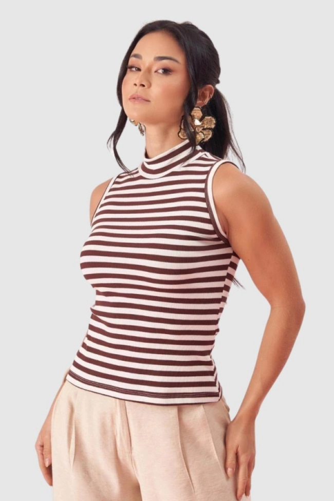 Produto Regata Coqueta Listrada Feminino Café 