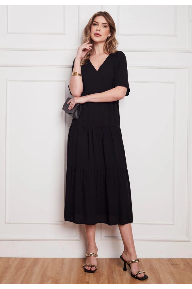 Produto Vestido Aishty Longo Manga Curta Feminino Preto 