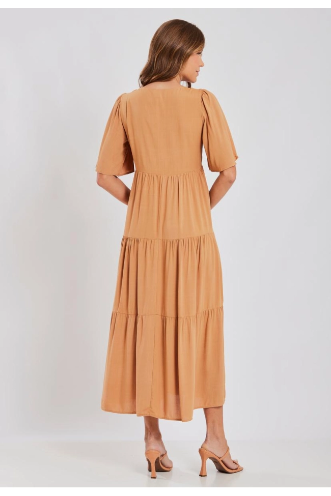 Produto Vestido Aishty Longo Manga Curta Feminino Marrom Claro 