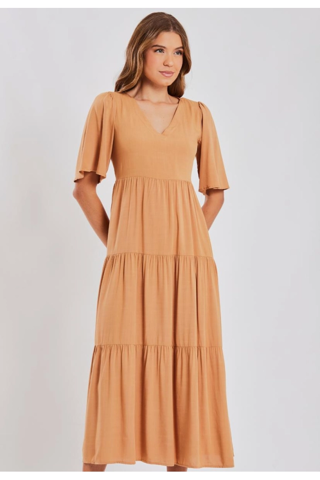 Produto Vestido Aishty Longo Manga Curta Feminino Marrom Claro 