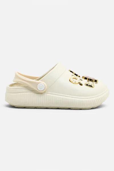 Babuche Feminina Molekinha Off White com Apliques Dourados Produto Babuche Feminina Molekinha Off White com Apliques Dourados