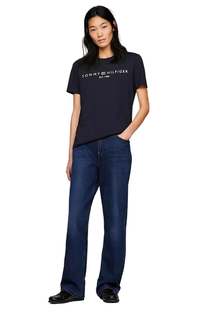 Baby Look Tommy Hilfiger Manga Curta Feminina Marinho
