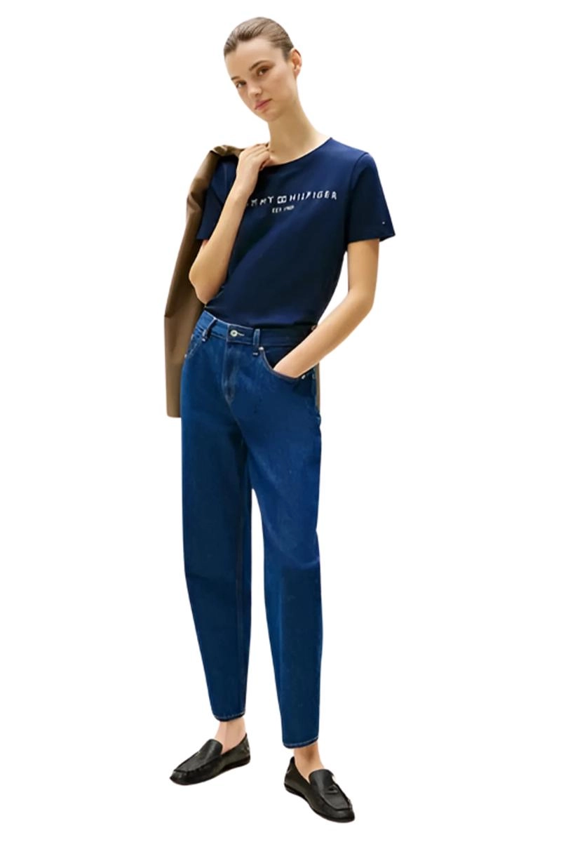 Baby Look Tommy Hilfiger Manga Curta Feminina Índigo