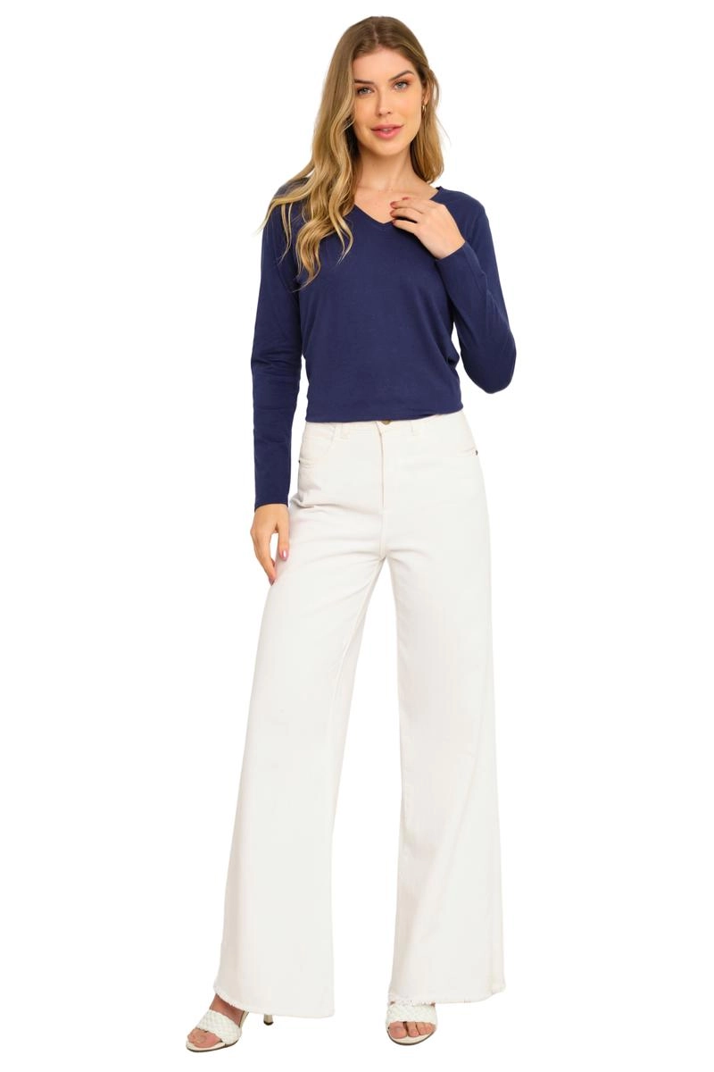 Blusa Aishty Básica Manga Longa Gola V Feminina Azul Escuro