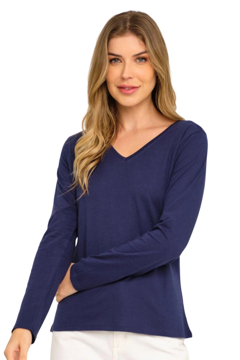 Blusa Aishty Básica Manga Longa Gola V Feminina Azul Escuro