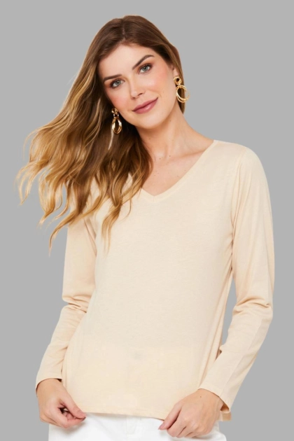Produto - Blusa Aishty Básica Manga Longa Feminina Bege Claro