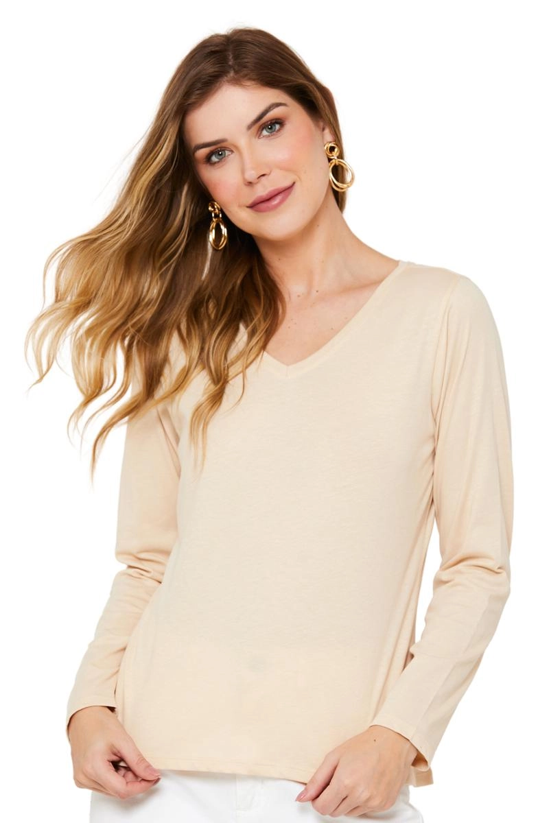 Blusa Aishty Básica Manga Longa Gola V Feminina Bege Claro