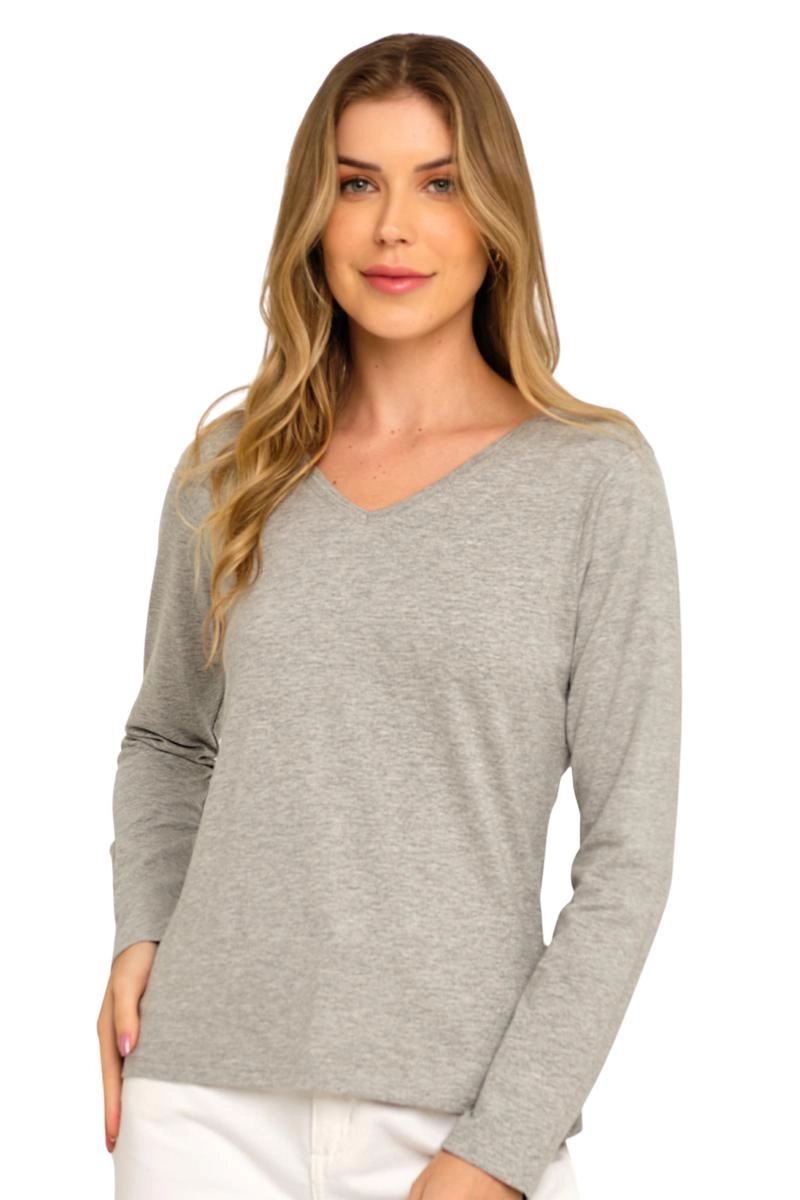 Produto - Blusa Aishty Básica Manga Longa Gola V Feminina Cinza Claro