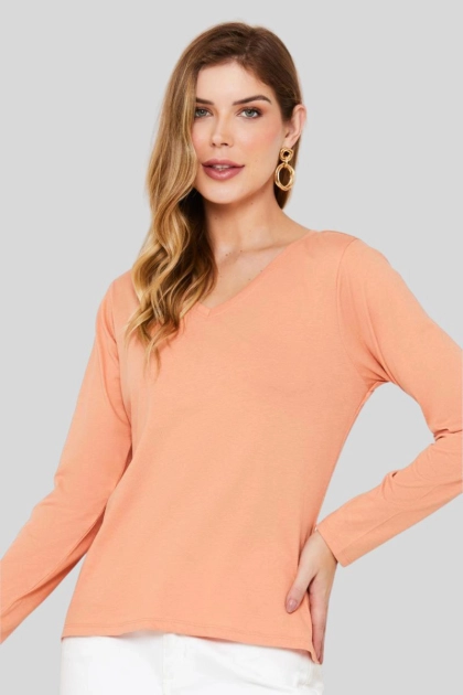 Produto - Blusa Aishty Básica Manga Longa Gola V Feminina Laranja Claro
