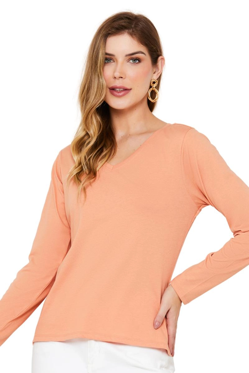 Produto - Blusa Aishty Básica Manga Longa Gola V Feminina Laranja Claro