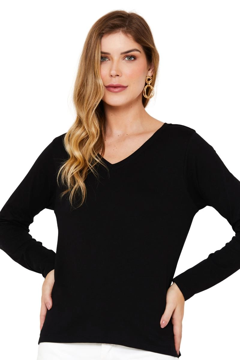 Produto - Blusa Aishty Básica Manga Longa Gola V Feminina Preto