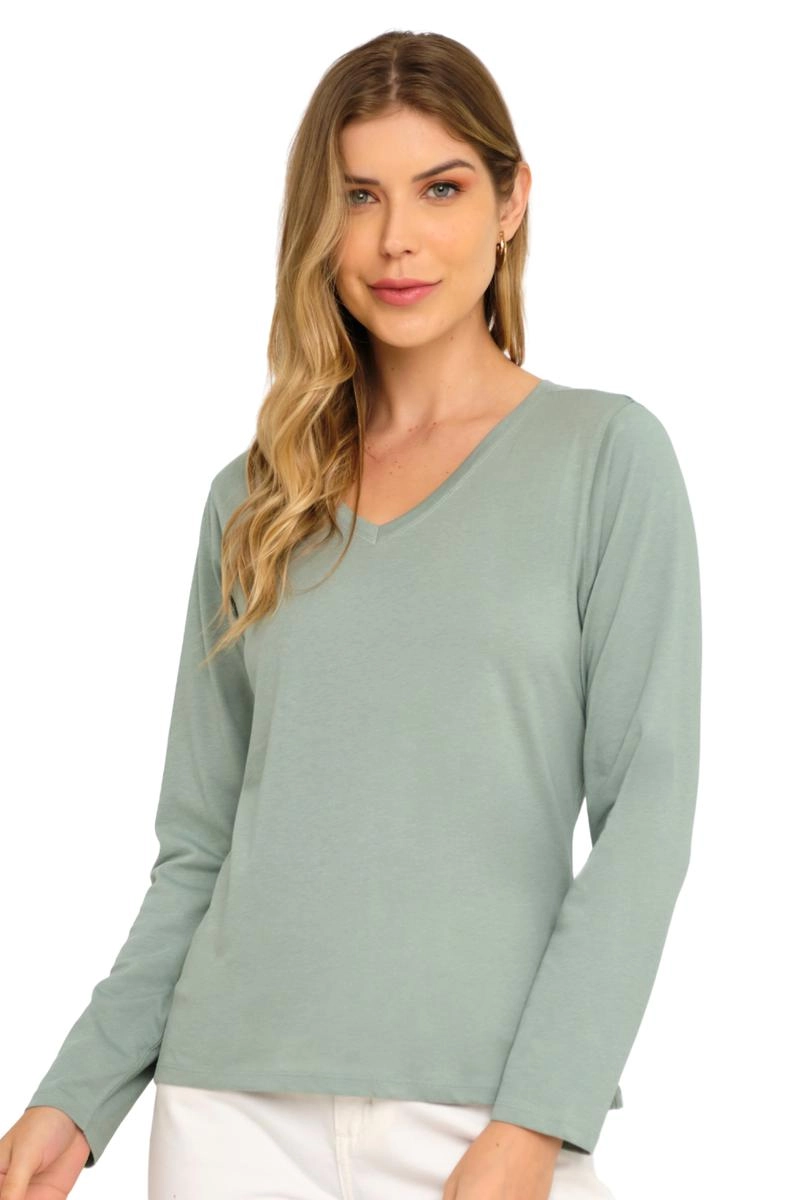 Produto - Blusa Aishty Básica Manga Longa Gola V Feminina Verde Claro