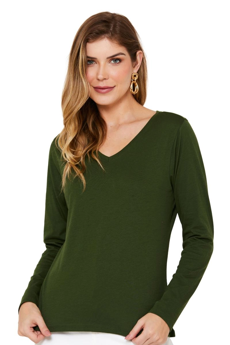 Produto - Blusa Aishty Básica Manga Longa Gola V Feminina Verde Escuro