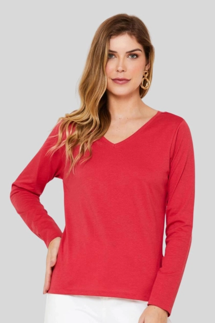Produto - Blusa Aishty Básica Manga Longa Gola V Feminina Vermelho Claro