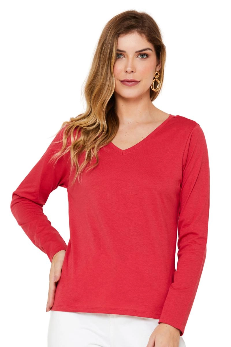 Produto - Blusa Aishty Básica Manga Longa Gola V Feminina Vermelho Claro