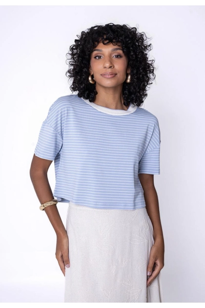 Produto - Blusa Coqueta Manga Curta Feminina Listrada Azul