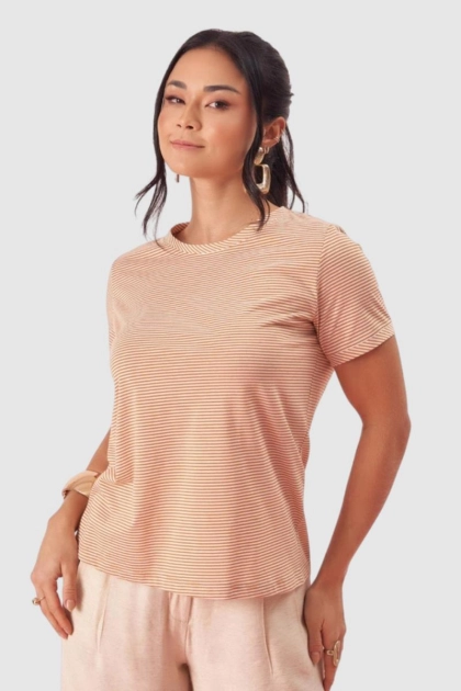 Produto - Blusa Coqueta Manga Curta Listrada Feminino Bege 